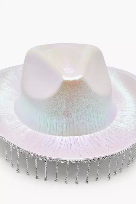 White Diamante Tassel Trim Cowboy Hat