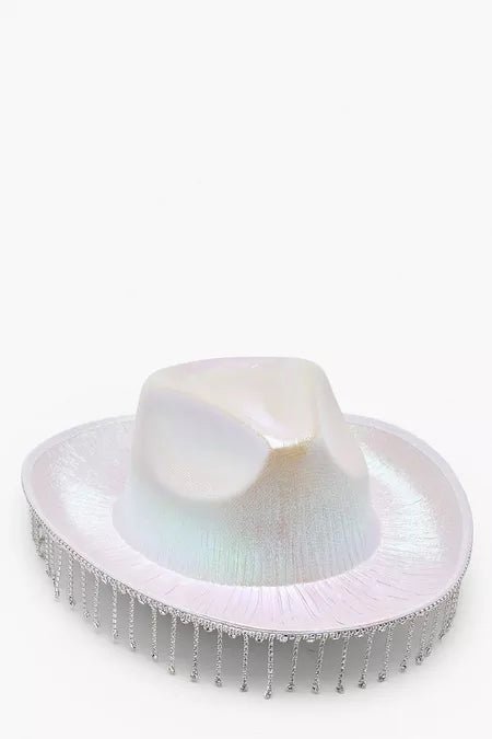 White Diamante Tassel Trim Cowboy Hat