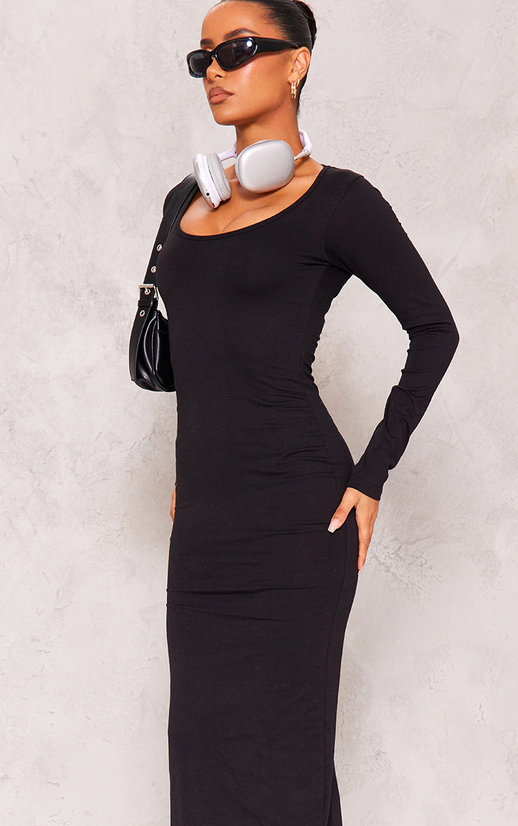 BLACK COTTON SCOOP NECK LONG SLEEVE MIDAXI DRESS