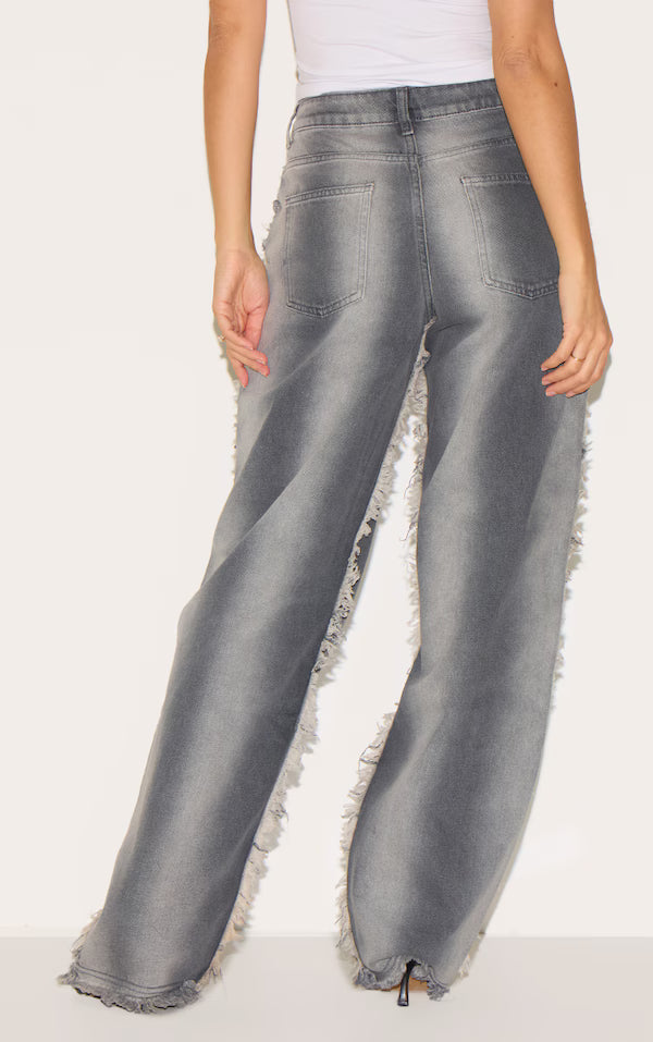 Washed Grey Frayed Edge Wide Leg Jeans