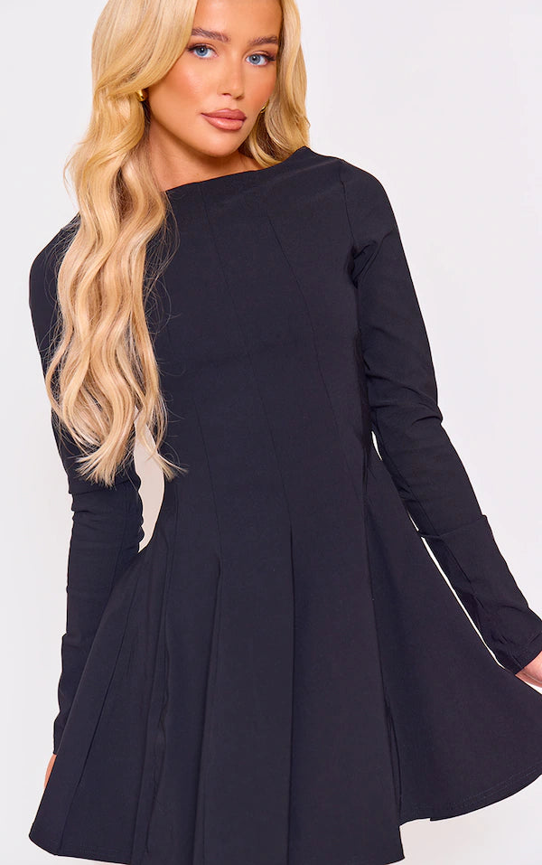Black Stretch Woven Boat Neck Long Sleeve Pleated Shift Dress
