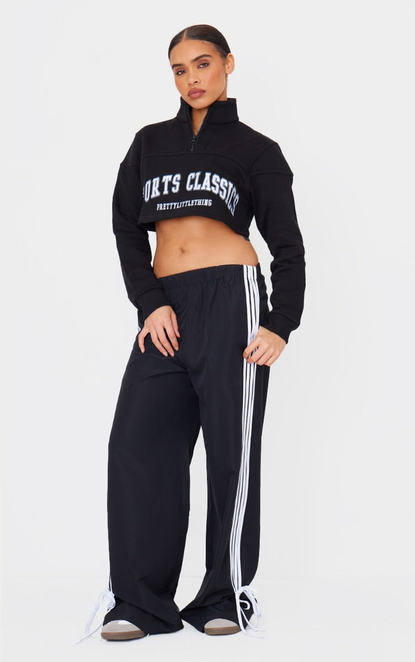 Black Embroided Crop Half Zip Sweatshirt
