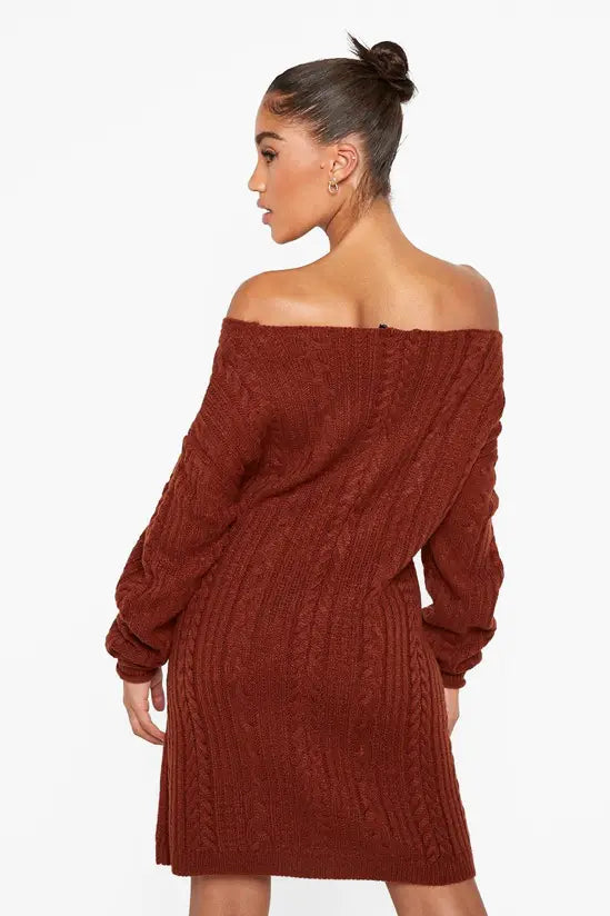 boohoo Off The Shoulder Cable Knitted Jumper Dress