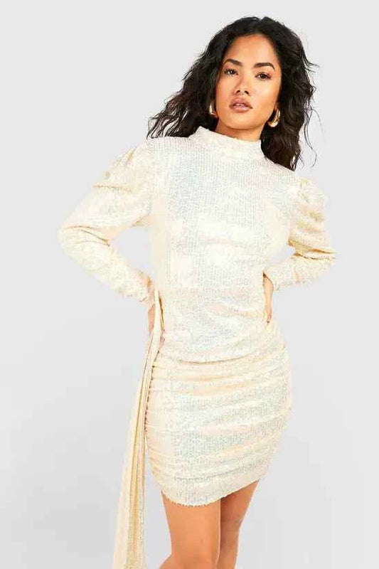 Boohoo - Sequin Puff Sleeve Drape Mini Party Dress