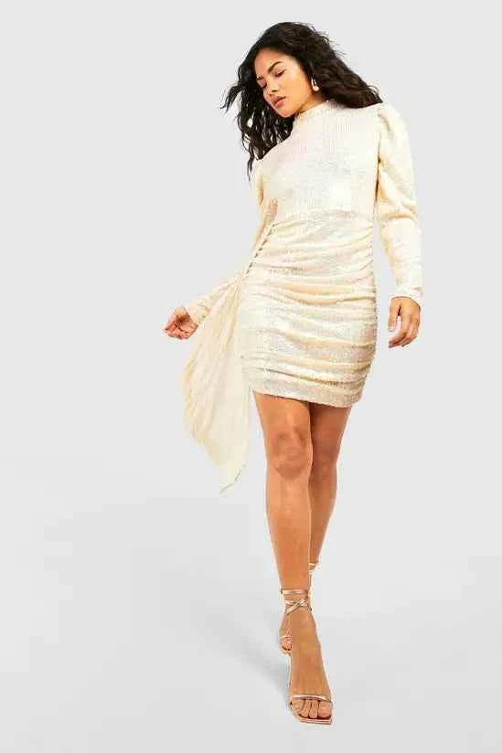 Boohoo - Sequin Puff Sleeve Drape Mini Party Dress