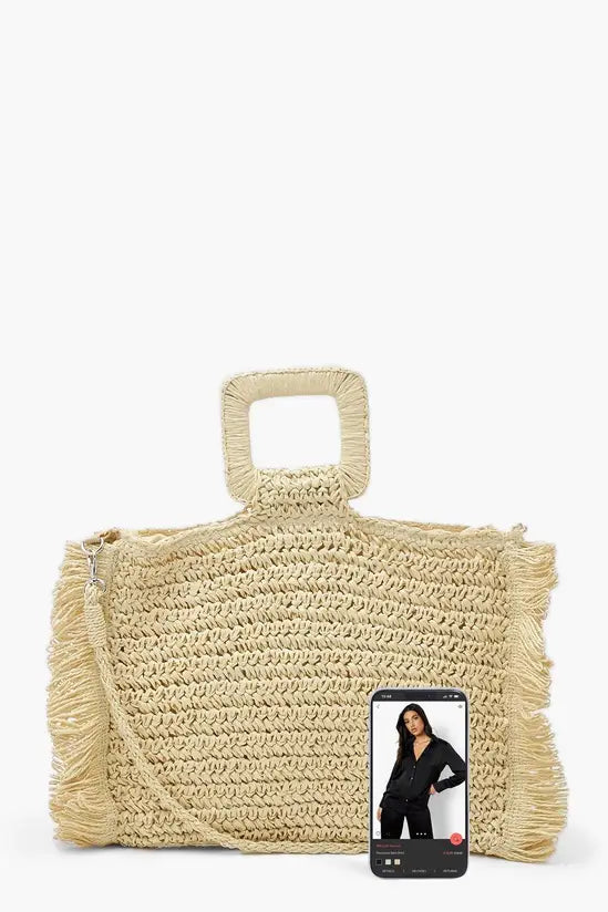 boohoo Fringe Straw Bag