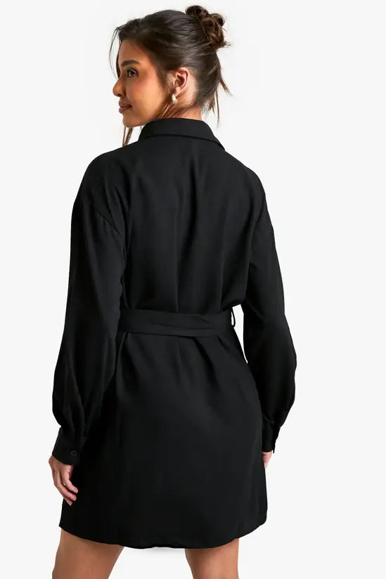 boohoo Belted Button-Down Long Sleeve Shirt Dress