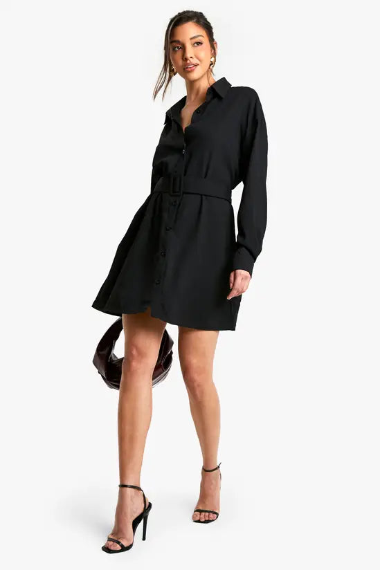 boohoo Belted Button-Down Long Sleeve Shirt Dress