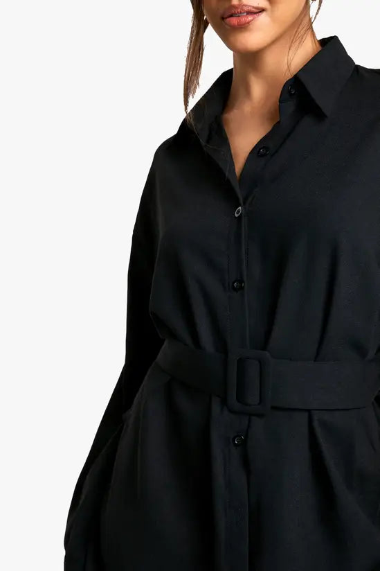 boohoo Belted Button-Down Long Sleeve Shirt Dress