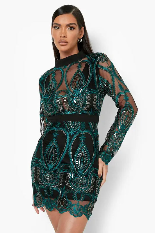boohoo Sequin Damask Cupped Mini Party Dress