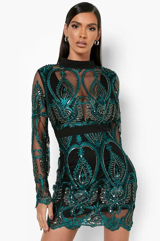 boohoo Sequin Damask Cupped Mini Party Dress