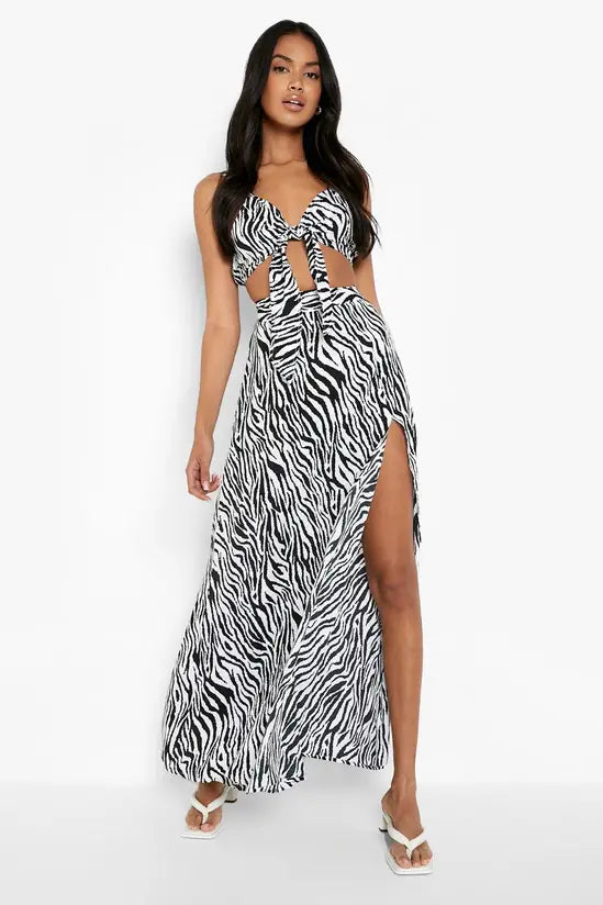 Boohoo - Zebra Print Knot Bralette & Split Maxi Skirt