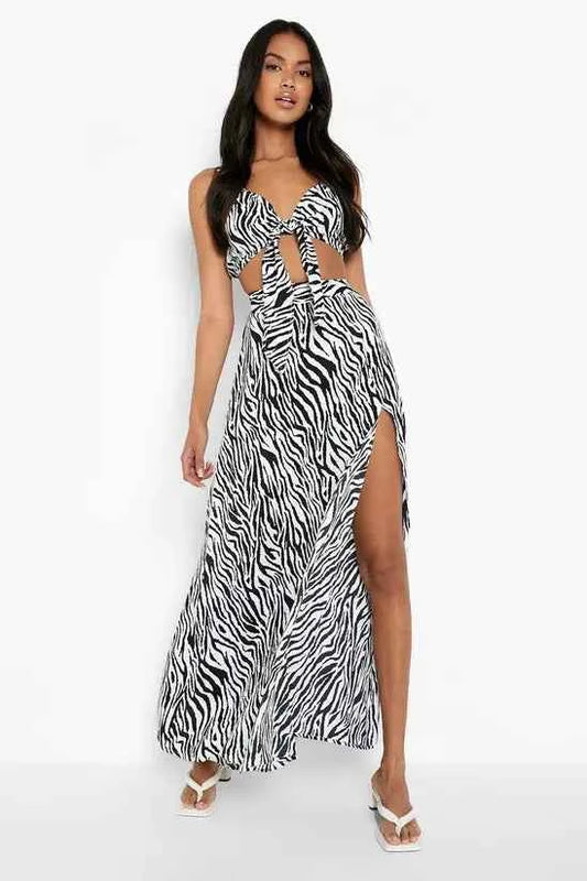 Boohoo - Zebra Print Knot Bralette & Split Maxi Skirt