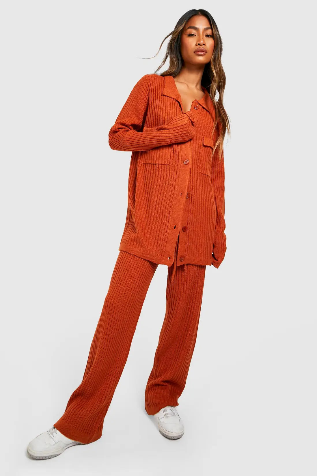 boohoo Knitted Shirt & Wide Leg Trouser Co-ord