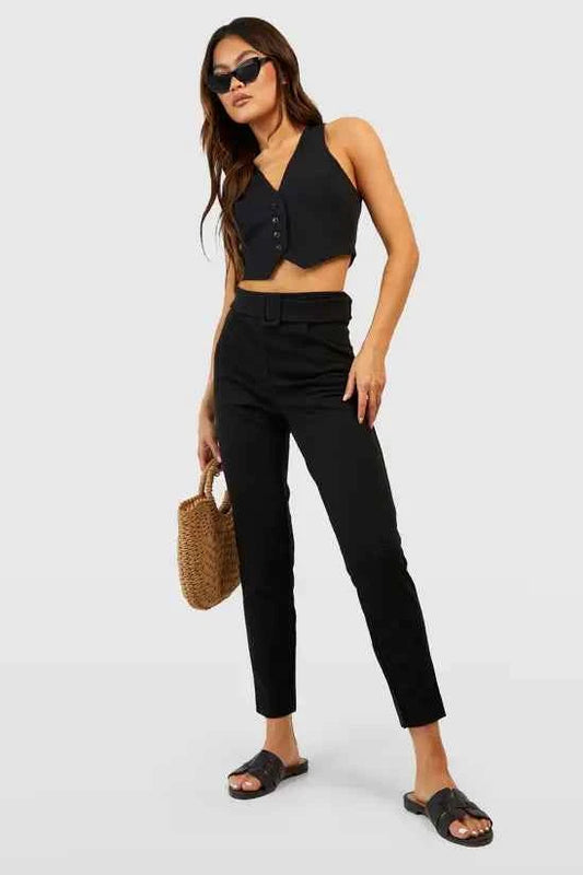 boohoo High Waisted Buckle Belted Tapered Trousers