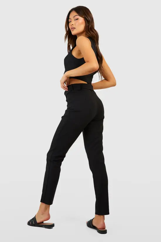 boohoo High Waisted Buckle Belted Tapered Trousers