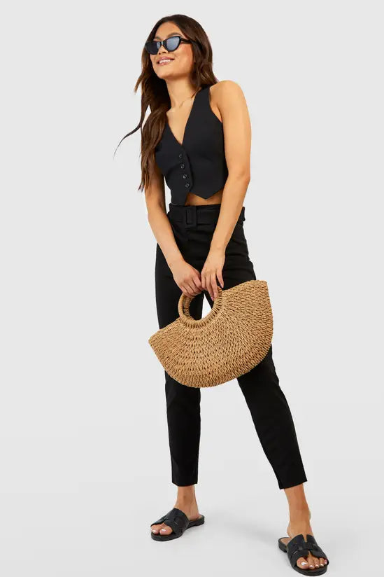 boohoo High Waisted Buckle Belted Tapered Trousers