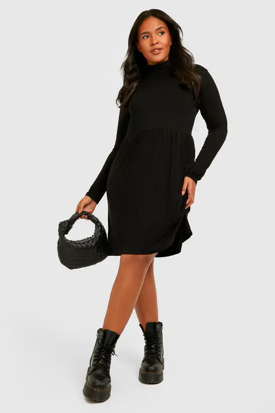 boohoo Plus Basic Roll Neck Peplum Smock Dress