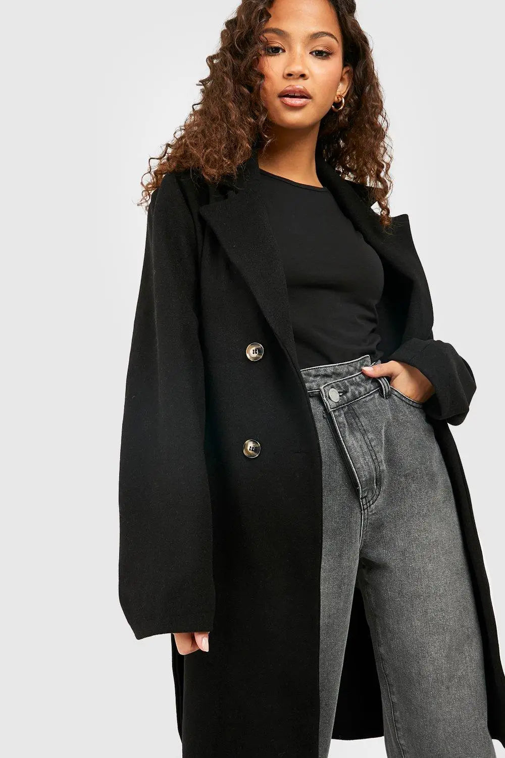boohoo Belted Double Breasted Wool Look Coat
