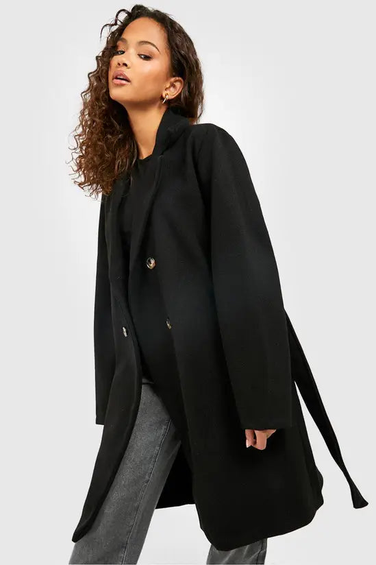 boohoo Belted Double Breasted Wool Look Coat