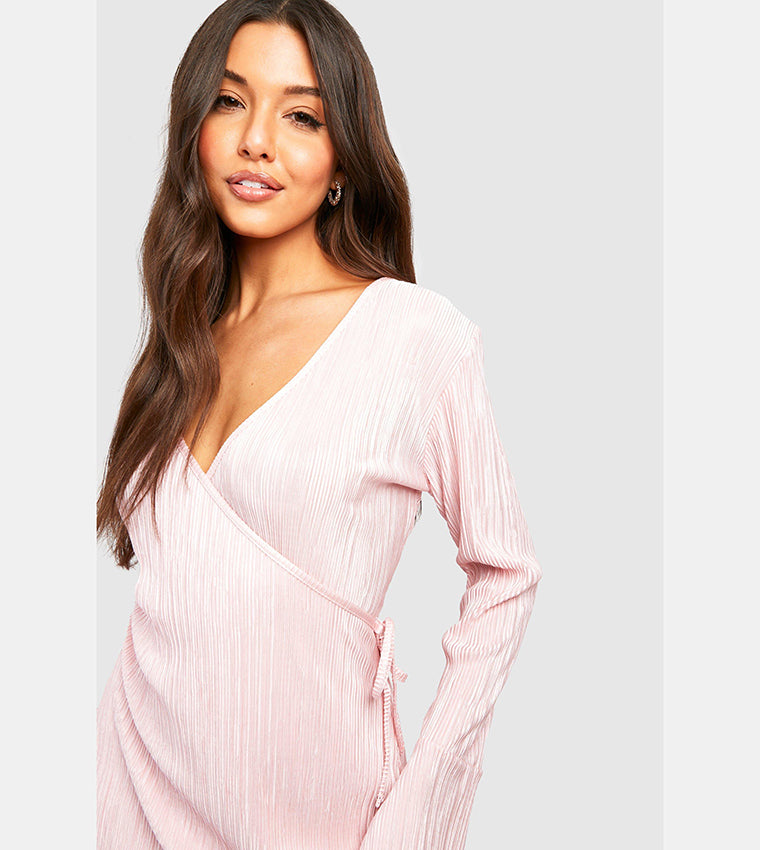 boohoo Plisse Flare Cuff Wrap Dress
