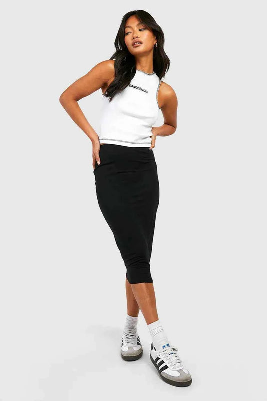 boohoo Basic Solid Black High Waisted Midi Skirt