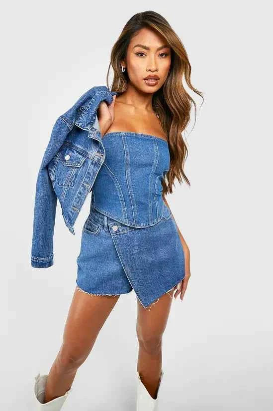 Boohoo - Wrap Waist Raw Hem Denim Skort