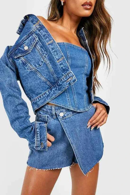 Boohoo - Wrap Waist Raw Hem Denim Skort