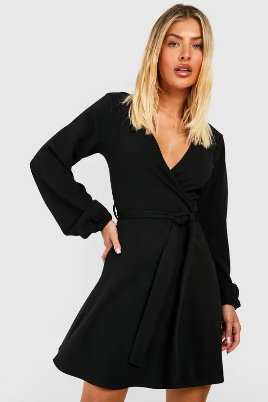 Boohoo - Blouson Sleeve Wrap Skater Dress