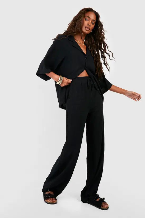 boohoo Linen Mix Relaxed Fit Wide Leg Trousers