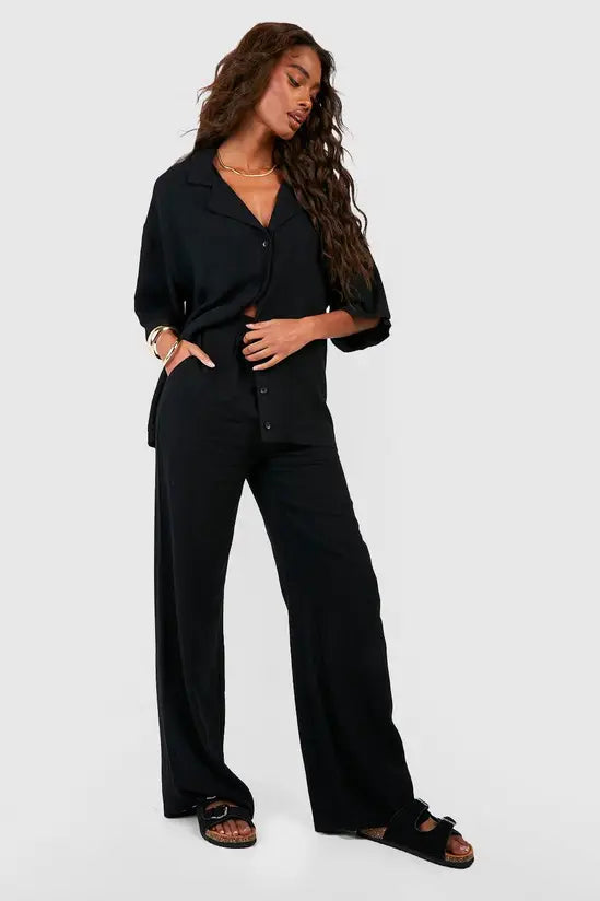 boohoo Linen Mix Relaxed Fit Wide Leg Trousers