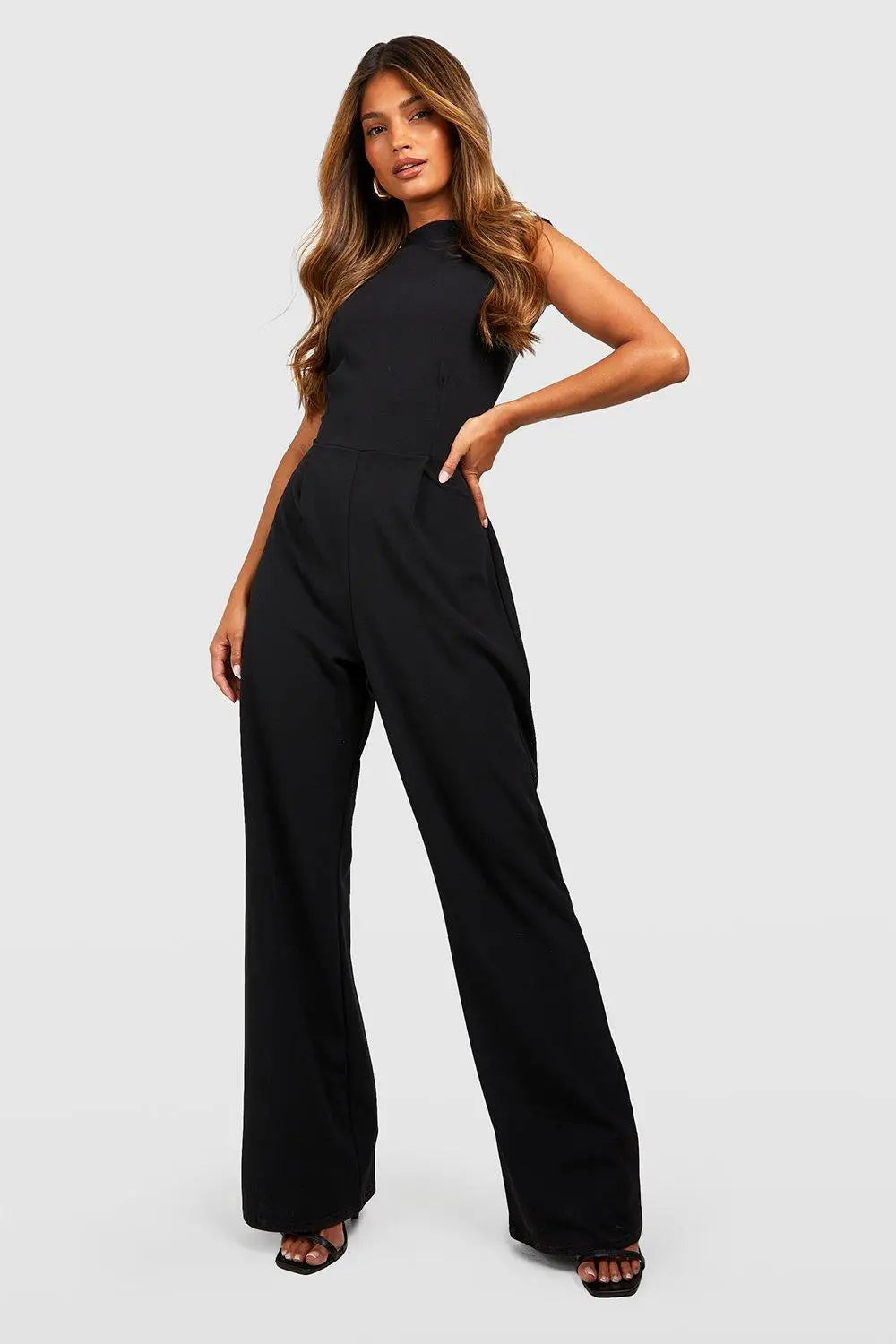 boohoo Tailored High Neck Cinched Waist Wide Leg Jumpsuit