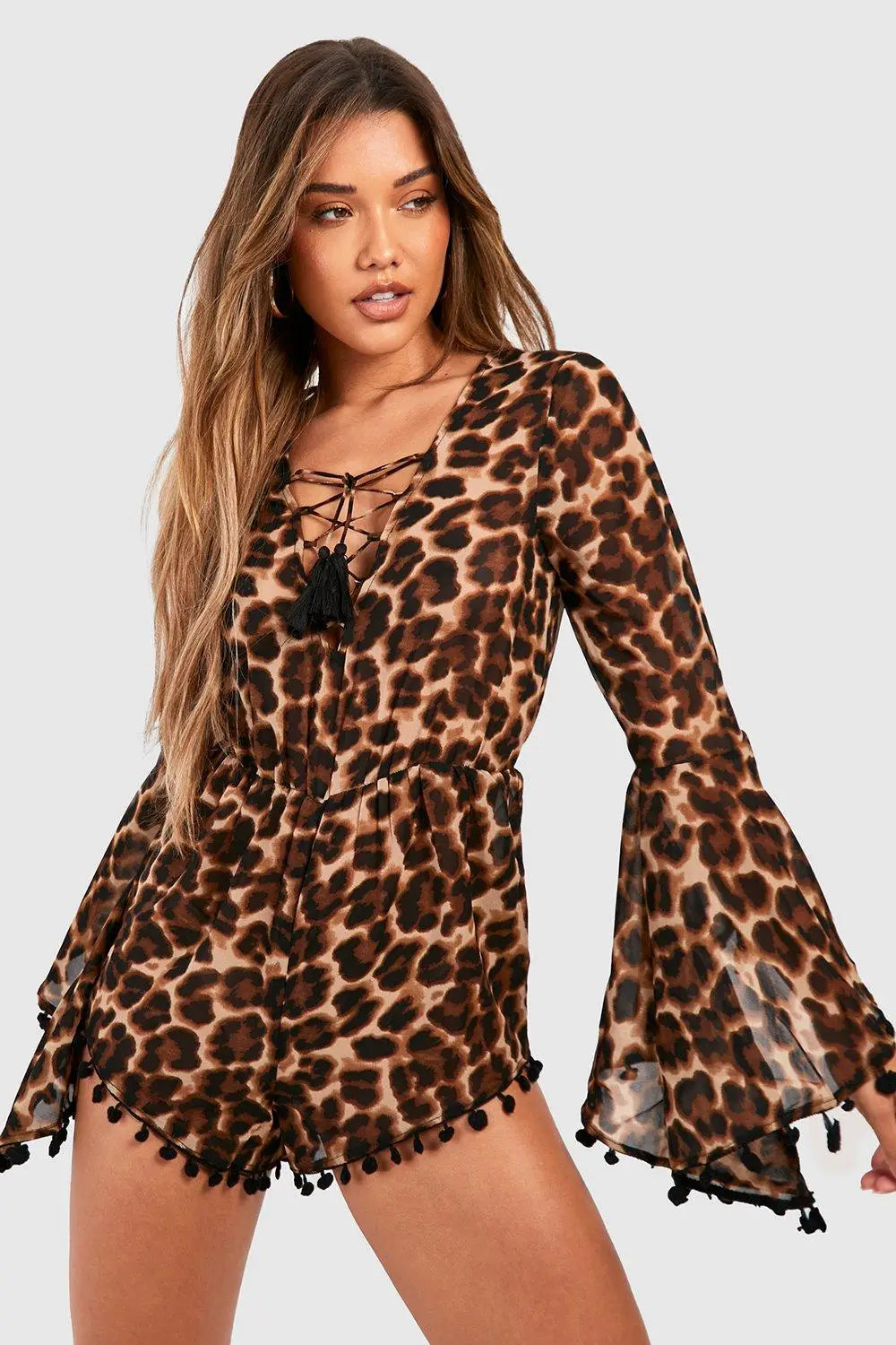 boohoo Leopard Chiffon Lace Up Flared Sleeve Beach Playsuit