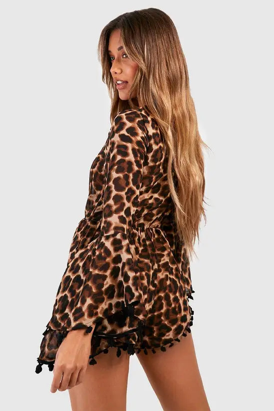 boohoo Leopard Chiffon Lace Up Flared Sleeve Beach Playsuit