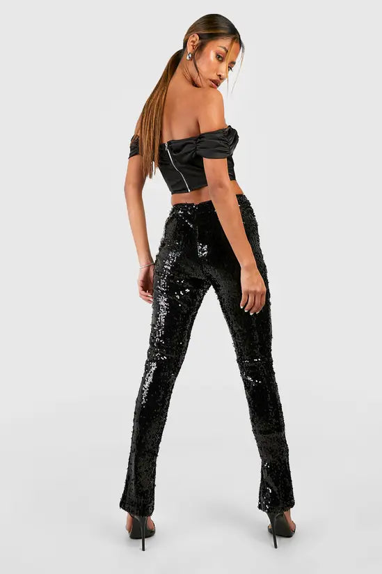 boohoo Sequin Mid Rise Split Hem Trousers