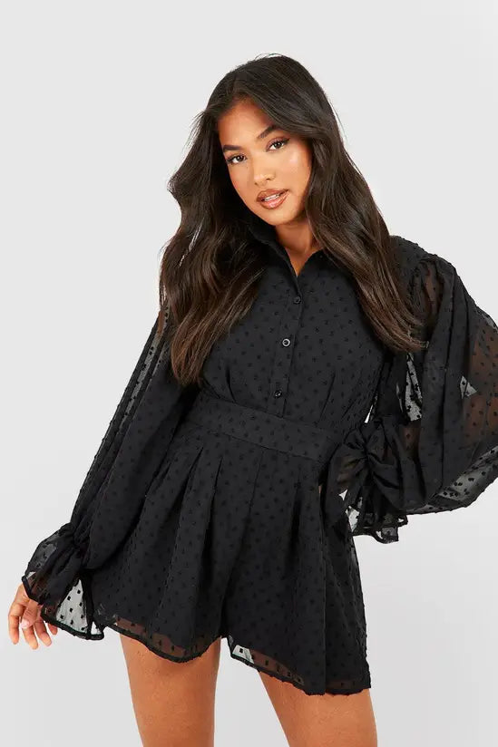 Boohoo - Petite Dobby Chiffon Volume Sleeve Playsuit