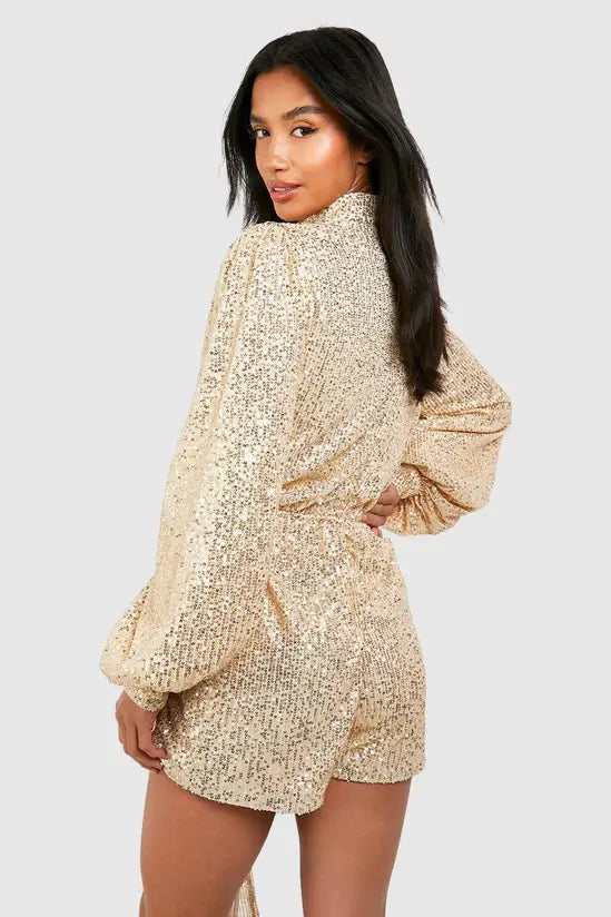 boohoo Petite Sequin High Neck Volume Sleeve Playsuit