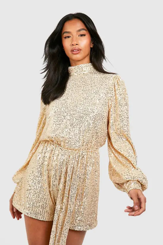 boohoo Petite Sequin High Neck Volume Sleeve Playsuit