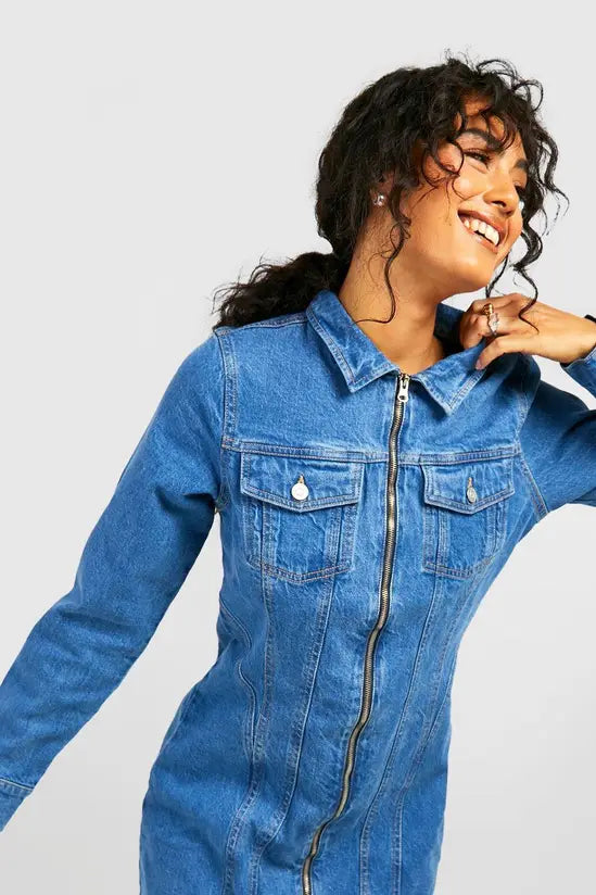 boohoo Zip Through Western Denim Shirt Dress