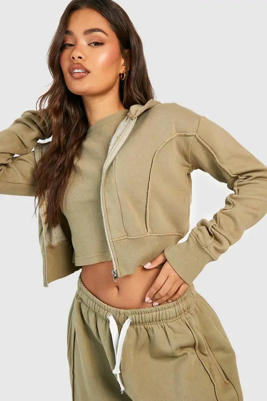 boohoo Washed Seam Detail Deep Hem Zip Through Hoodie