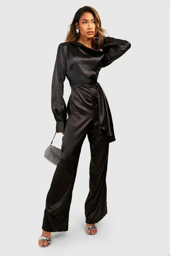 boohoo Satin One Shoulder Wide Leg Jumpsuit