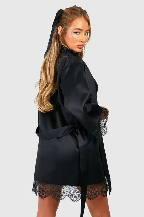 boohoo Satin Lace Trim Robe