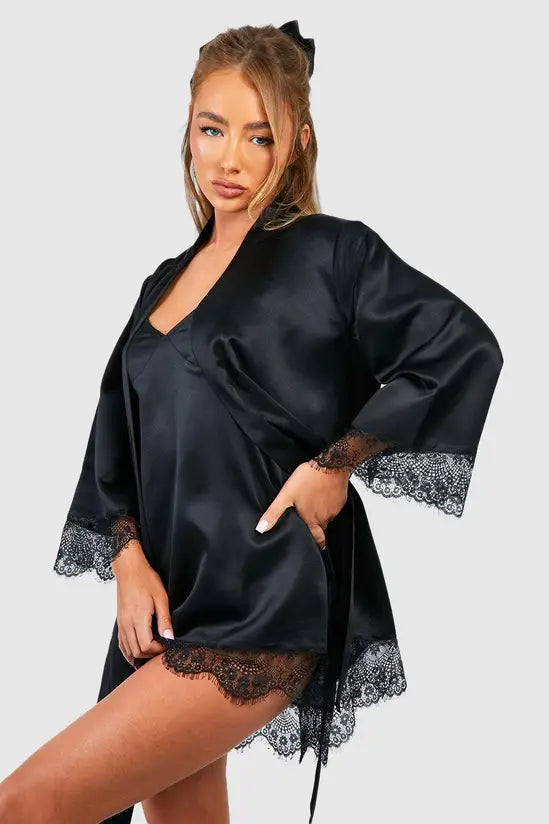 boohoo Satin Lace Trim Robe