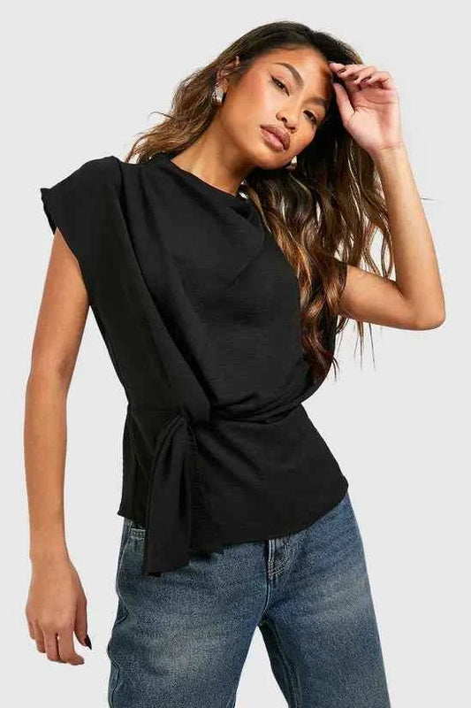 Boohoo Hammered Knot Front Cowl Neck Blouse