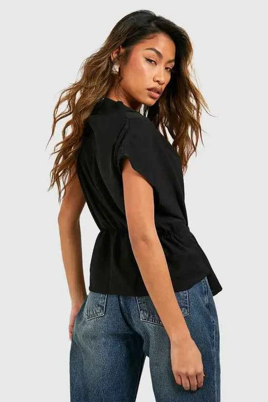 Boohoo Hammered Knot Front Cowl Neck Blouse