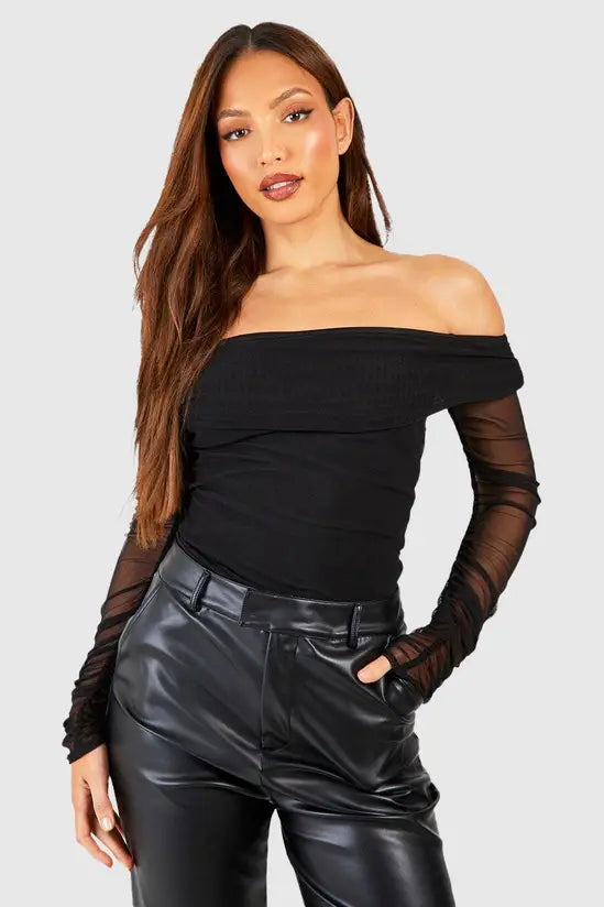 boohoo Tall Off The Shoulder Mesh Bodysuit