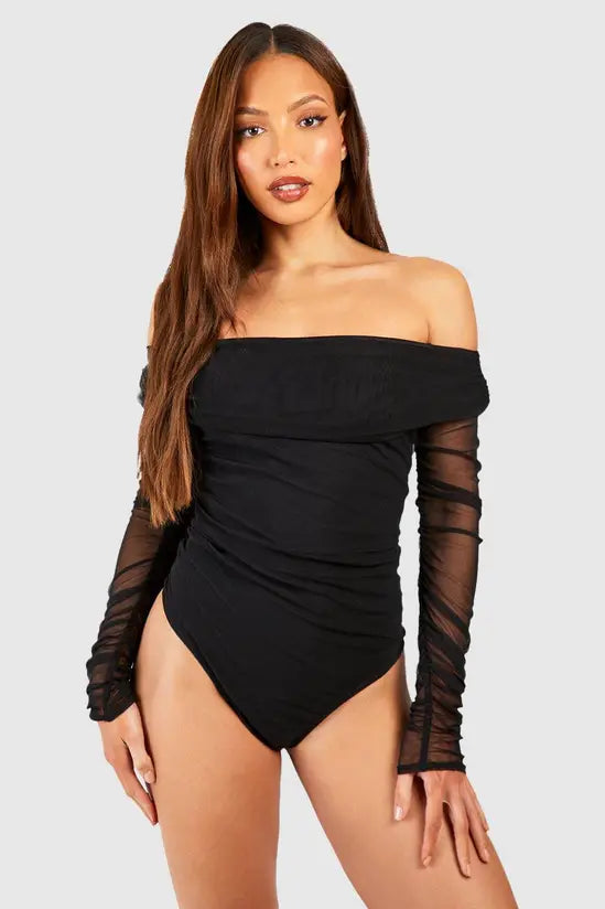 boohoo Tall Off The Shoulder Mesh Bodysuit