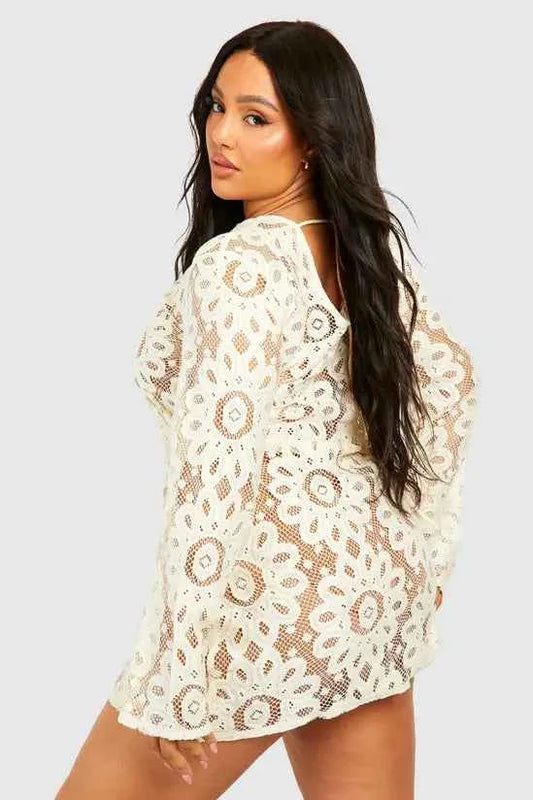 Booohoo Plus Long Sleeve Mini Beach Dress
