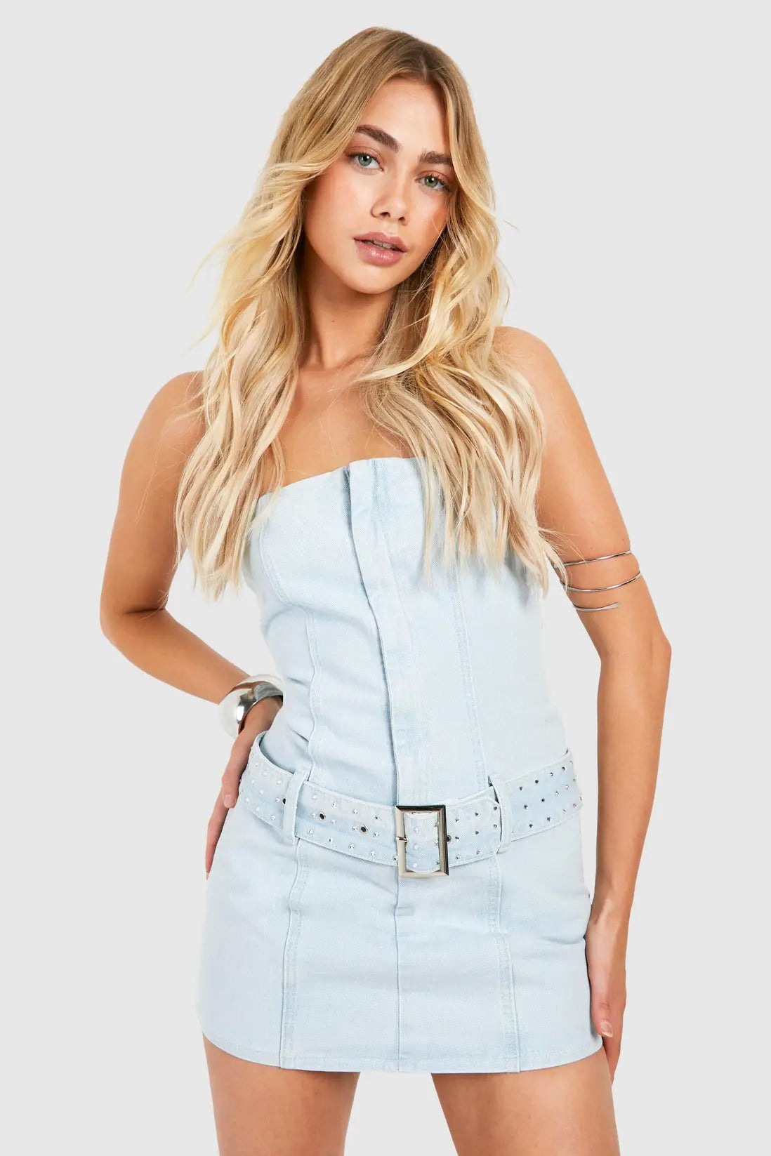 Boohoo - Belted Bandeau Denim Mini Dress