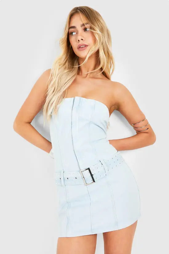 Boohoo - Belted Bandeau Denim Mini Dress